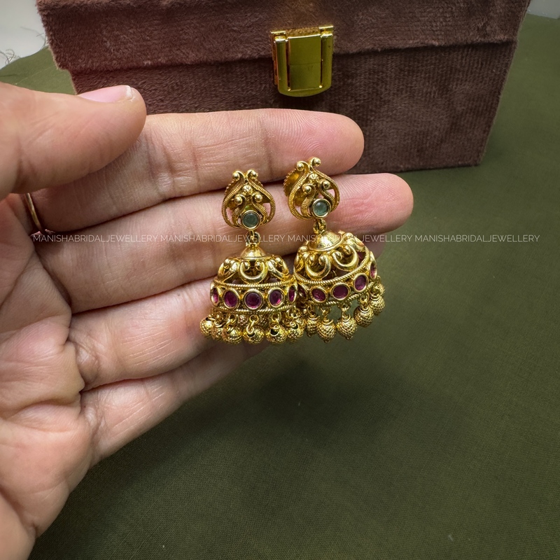 pink & green stone Jhumka